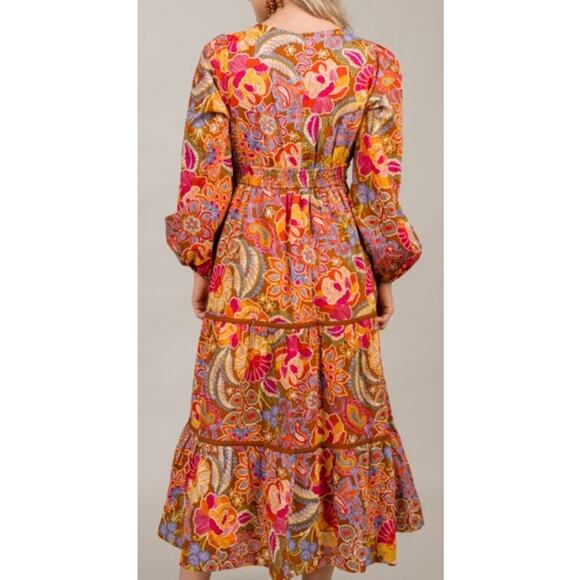 Brown Floral Midi Dress Boho Chic Style Peasant Tiered Midi Dress Womens Large - Picture 2 of 8